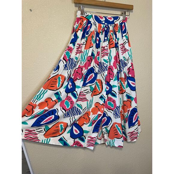 VTG Genesis Retro Floral Abstract Print Button Up Light Weight Midi Skirt Sz 3/4 - Picture 5 of 8